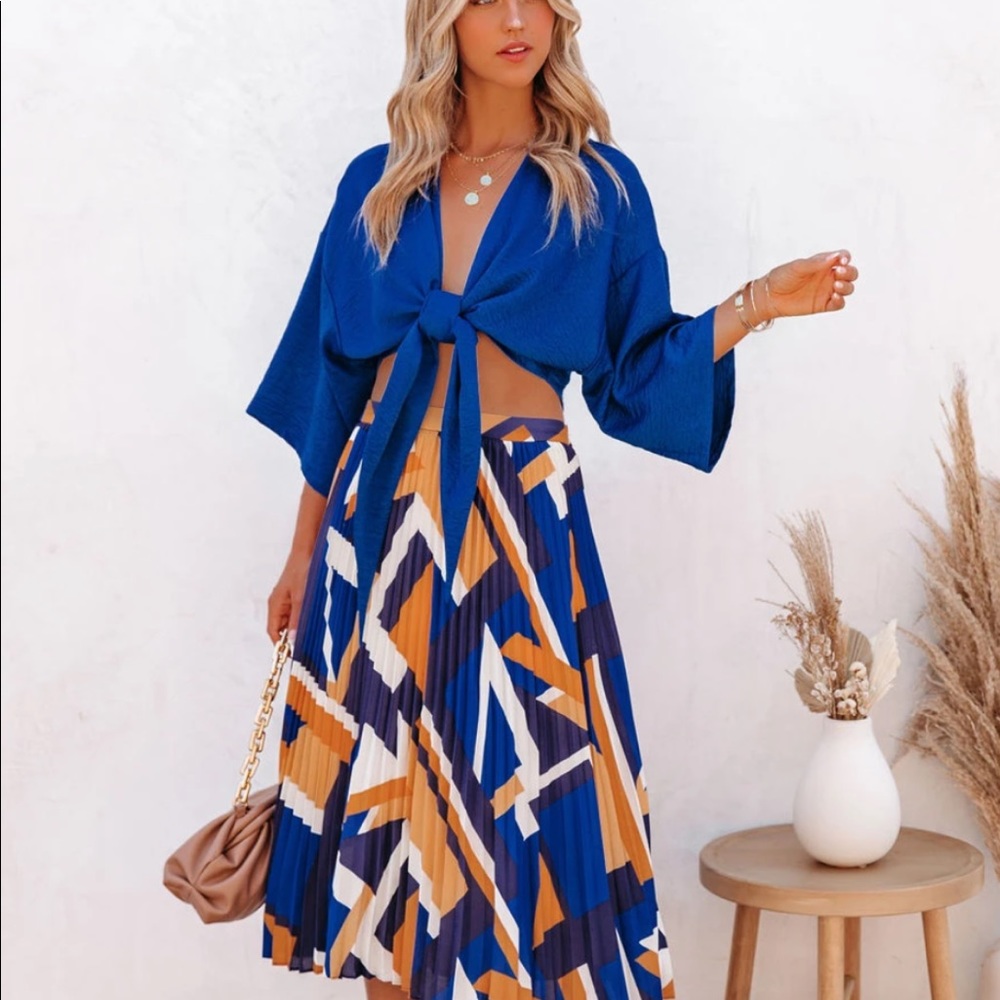 LISANDRO TIE FRONT KIMONO CROP TOP - ROYAL BLUE SM